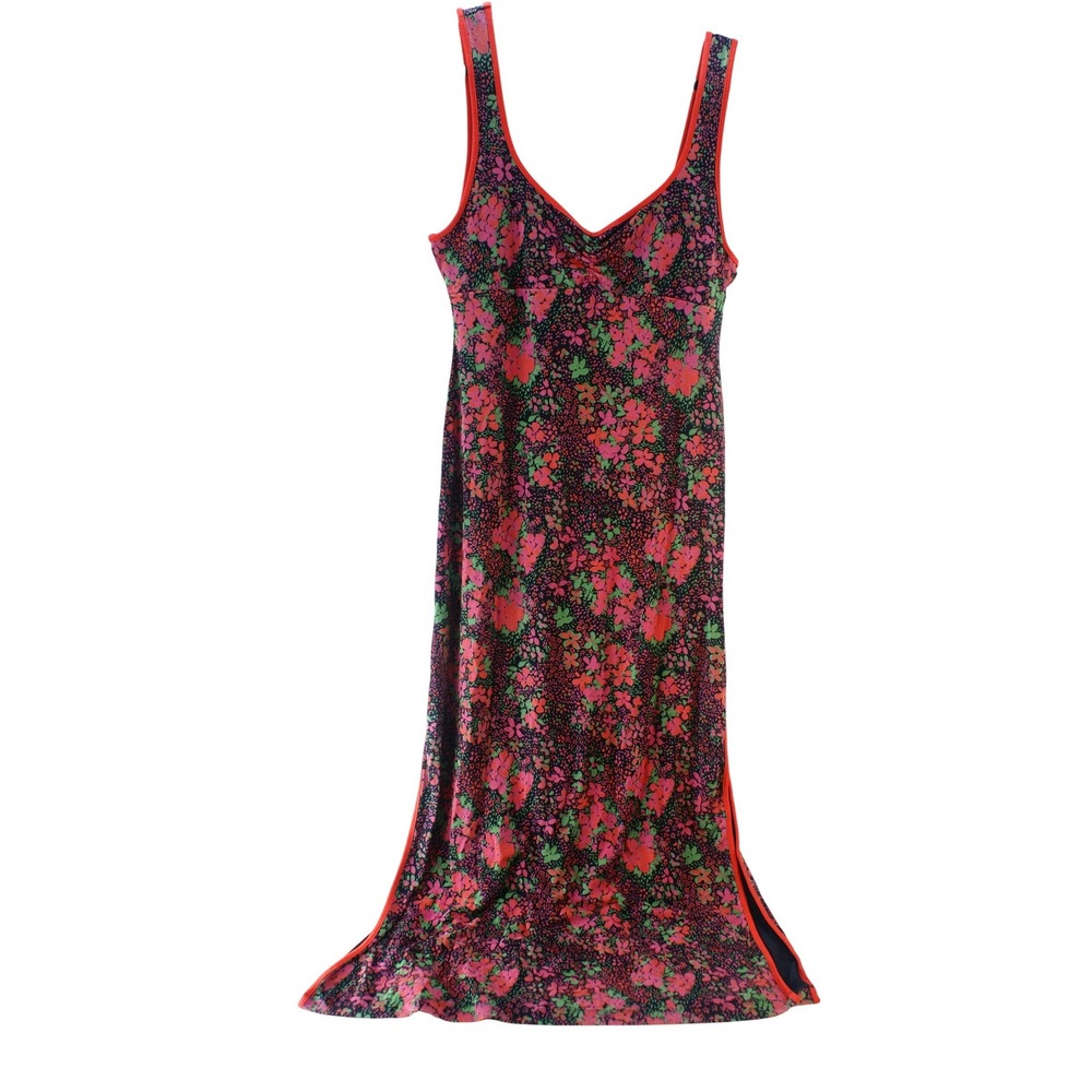 Free People Floral Sleeveless Maxi Dress Pink Green V-Neck Side Slits Large Boho